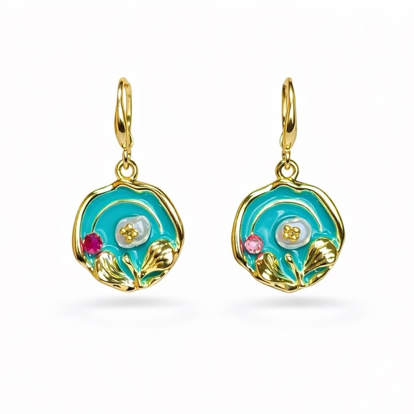 Anthropologie Jewelry - Elegant Gold and Blue Floral Earrings